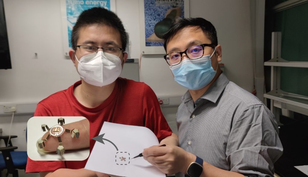 The fingertip-sized soft robot is only of a few centimeters. Professor Li ZHANG (right) and Dr. Yue DONG (left), the first author of the paper.