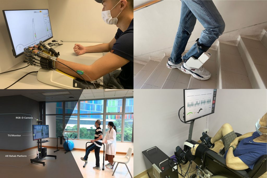 The “HOPE 4 Care” programme delivers four innovations invented by Professor Tong’s team for stroke rehabilitation: the “Hand of Hope” (upper left), the exoskeleton ankle robot (upper right), the interactive functional electrical stimulation cycling system (lower right) , and the AR Rehab Training System (lower left).<br />
The AR Rehab Training System for stroke rehabilitation utilises state-of-the-art augmented reality and depth sensors for 3D body tracking, with customised software specially designed for a virtual interactive rehabilitation environment. Therapists can design, through the system, training plans for individuals and monitor their body movements to provide real-time posture guidance. Professor Tong’s team created an “AR home” version with the support of the Innovation and Technology Commission, allowing patients to have guided training at home during the pandemic.