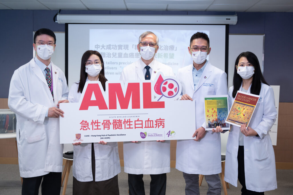 CUHK’s HK-HOPE has built a high-dimensional gene-drug-clinical dataset and developed an integrated drug and genomic test to tailor precision medicine for difficult-to-treat leukaemia patients, including relapsed acute myeloid leukaemia (AML) patients. The sensitivity of a patient’s cancer cells to a basket of targeted drugs can be obtained within 72 hours. In combination with genomic analyses, AML patients are matched with the most effective drugs according to their individual conditions. The study’s findings have been published in the medical journal Blood Cancer Discovery.<br />
<br />
(From left) Professor Albert Li, Director of HK-HOPE and Chairman of CU Medicine’s Department of Paediatrics; and Dr Wang Han, Professor Li Chi Kong, Professor Leung Kam Tong and Dr Kathy Chan, all from the Department of Paediatrics, CU Medicine.