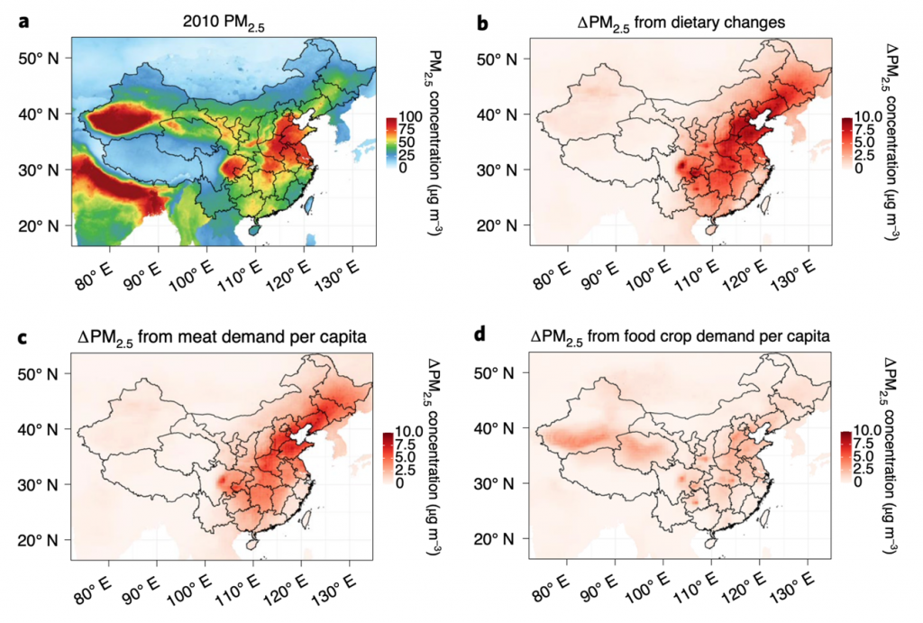 Worsening of particulate matter air quality due to dietary changes overall (including meat, feed crops, and food crops), rising demand for meat (including animal feed crops), and rising demand for food crops for direct human consumption.