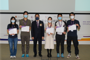 Exemplary Teaching Video Awards (from left): Miss Hung CHOI, teacher of Hong Kong Red Cross Margaret Trench School; Mr. Chi-yu CHEUNG, teacher of Hong Kong Red Cross Margaret Trench School; Mr. Godwin Kam-tong LAI, Principal Assistant Secretary (Special Education) Education Bureau, HKSAR Government; Miss Ka-wai MA, teacher of TWGHs Kwan Fong Kai Chi School; Mr. Kenny Ying-kei PANG, teacher of Hong Chi Lions Morninghill School; Mr. Ho-lun CHUNG, teacher of Hong Chi Morningjoy School, Yuen Long.