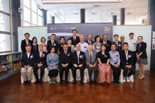 A group photo of ribbon cutting guests and guests of New Asia College, CUHK.