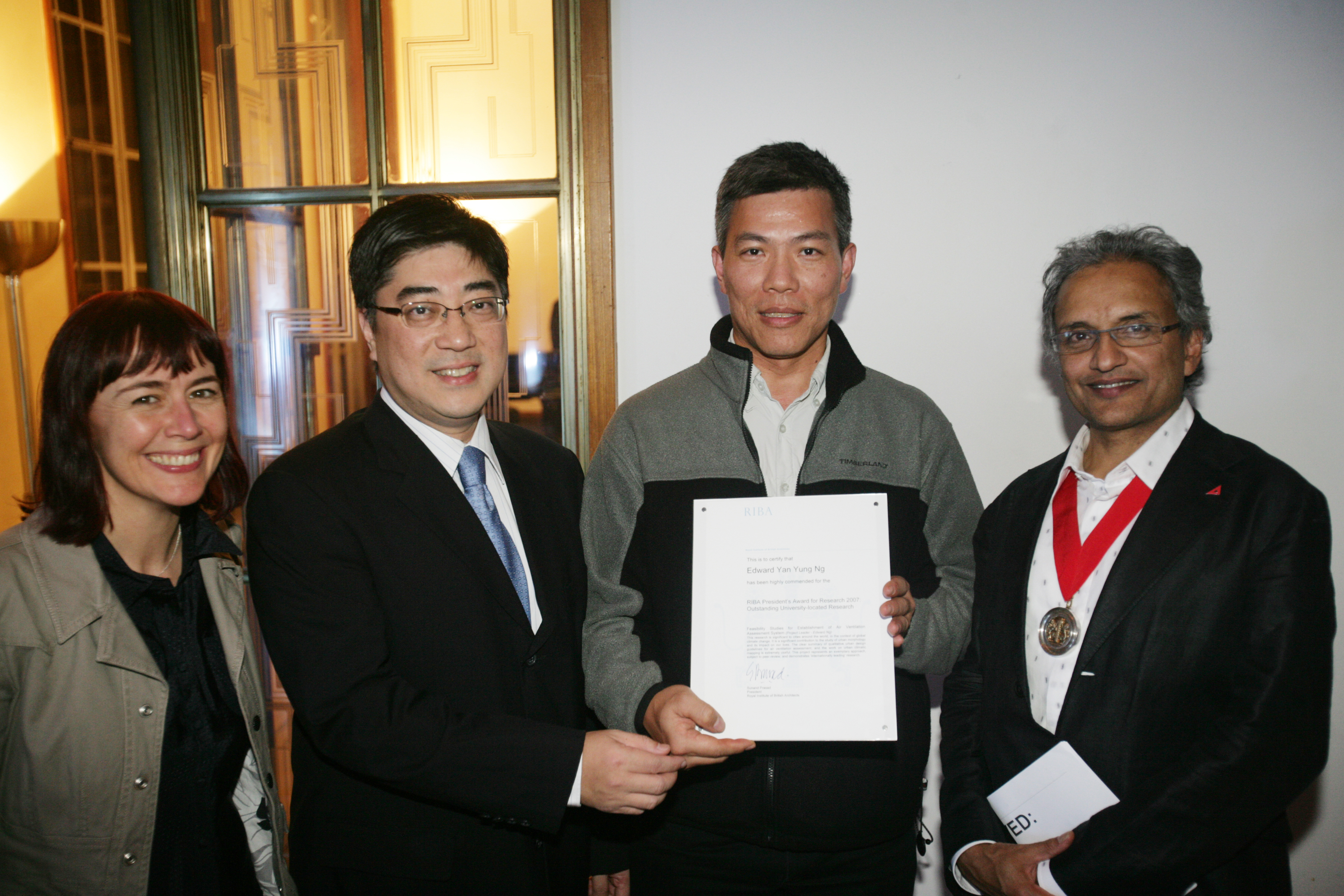 From left:
Professor Jane Rendell, Chairlady of the jury panel
Dr Raymond Yau, Director, Ove Arup and Partners HK Ltd. (Advisor of the study)
Professor Edward Ng, Department of Architecture, CUHK (Leader of the study)
Mr Sunand Prasad, President of the Royal Institute of British Architects
Photo courtesy: Andrew Hendry Photographer (http://www.andrewhendry.com/)