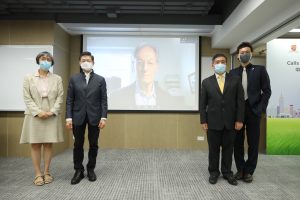 Professor Sir Michael MARMOT, Co-director of CUHK Institute of Health Equity and Director of UCL Institute of Health Equity (Middle) joins the press conference via video conferencing platform.