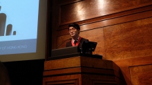 Thomas Chee gives a thank you speech at a ceremony at the RIBA in London.