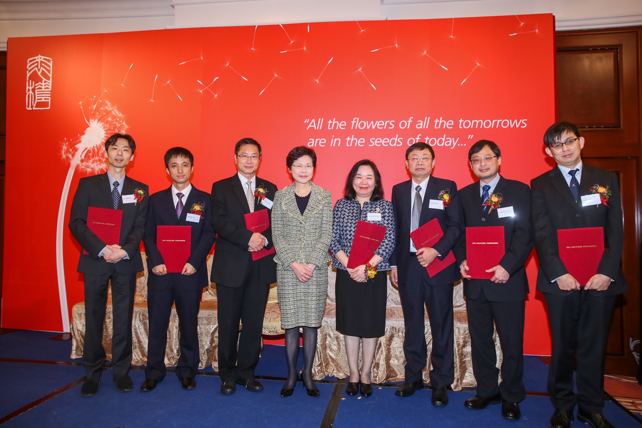 The Croucher Foundation holds the presentation ceremony of its prestigious Research Fellowships 2014/15.  (From left) Dr. Hayden Kwok-hay So, Assistant Professor, Department of Electrical and Electronic Engineering, Faculty of Engineering, HKU; Dr. YAO Wang, Assistant Professor, Department of Physics, Faculty of Science, HKU; Prof Danny Chan, Department of Biochemistry, Li Ka Shing Faculty of Medicine, HKU; Mrs Carrie Lam Cheng Yuet-ngor, Chief Secretary for Administration of the HKSAR Government; Prof Annie Nga-Yin Cheung, Professor of Pathology, Li Ka Shing Faculty of Medicine, HKU; Prof Yu Huang, Professor, School of Biomedical Sciences, Faculty of Medicine, CUHK; Prof Dong-Yan Jin, Department of Biochemistry, Li Ka Shing Faculty of Medicine, HKU; and Prof James Yun-wong Lau, Professor of Surgery, Faculty of Medicine, CUHK.