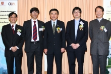 From left: Professor Andrew Chan, Associate Dean, Faculty of Business Administration, CUHK; Professor Kenneth Young, Acting Vice-Chancellor, CUHK; Professor K. C. Chan, Secretary for Financial Services and the Treasury (Keynote Speaker), Mr Kenneth Wong, Managing Director of the Investment Banking Division of Goldman Sachs (Asia) LLC and Professor Linus Cheung, Chairman, Adjunct Professor of the Department of Marketing of CUHK’s Faculty of Business Administration (Moderators of Panel Discussions).