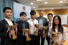 (From left) Mr. Wang Chaoqun, PhD student and Mr. Lo Po-wen, MPhil student, both from the Department of Electronic Engineering; Mr. Kuo Wai-keung, Co-founder, R-Guardian; Prof. Wong Kam-fai, Associate Dean (External Affairs), Faculty of Engineering; Mr. Chen Jianwei and Miss Lee Hiu-hung, PhD students, Multiscale Precision Instrumentation Laboratory, Department of Mechanical and Automation Engineering, CUHK.