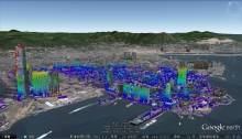 The monitoring of buildings. The color represents the height visualized in the range of (0 m (violet), 300 m (red)).