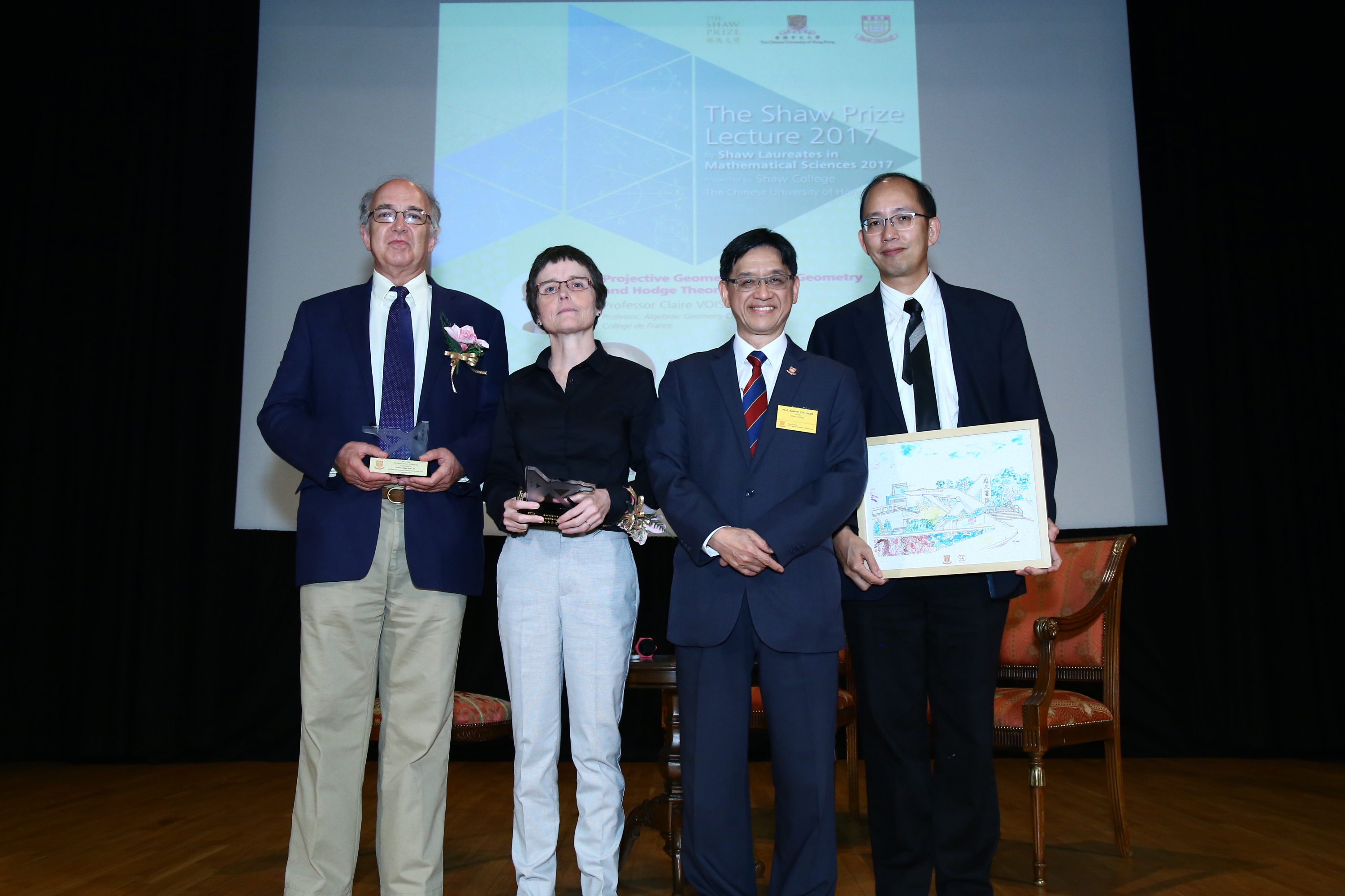 (From left) Prof. János Kollár, Prof. Claire Voisin, Prof. Andrew C.F. Chan, Head of Shaw College, and Prof. Conan Leung, moderator and professor of the Department of Mathematics, CUHK.