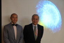 Prof.  Tjonnie G. F. LI, Assistant Professor, Department of Physics, CUHK (left) and Prof. Wing-Huan IP, Professor, K.T. Li Chair Professor, Institutes of Astronomy and Space Science, National Central University from Taiwan introduce the details of LIGO and Virgo make first detection of gravitational waves produced by colliding neutron stars.