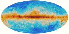 Magnetic fields at Milky-Way scale. The Galactic disk is lying in the middle level and darker brown colours means higher column densities. The filamentary structures indicate the B-field directions, which permeate the entire Milky Way. The B-field directions are observed by the Planck satellite. (Image credit: European Space Agency)