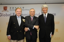 Three world renowned economists give inaugural lectures for CUHK Institute of Global Economics and Finance. They are Prof. Robert A. Mundell, Prof. Lawrence J. Lau and Prof. Joseph Yam (from left).