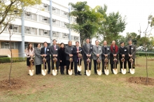 The tree planting ceremony is officiated by: (from left) Prof. Lynne Nakano, Chairman, JAS; Mr. & Mrs. Mike Mizoguchi, President, MRT (HK) Co. Ltd.; Prof. Takanori Kitamura, JAS, CUHK; Mr. & Mrs. Ronald Chao; Vice-Chairman, Novel Enterprises Ltd.; Mr. Daisuke Matsunaga, Deputy Consul-General of Japan in Hong Kong; Prof. Joseph J.Y. Sung, Vice-Chancellor, CUHK; Mr. Leung Ying-wai, Chairman, Board of Trustees, New Asia College, CUHK; Prof. Henry Wong Nai-ching, Pro-Vice-Chancellor and former Head of New Asia College, CUHK; Prof. Chu Ka-hou, Acting Head, New Asia College, CUHK; Prof. Leung Yuen-sang, Dean, Faculty of Arts, CUHK; and Prof. Fung Tung, Associate Pro-Vice-Chancellor and Chairman, Campus Landscaping Enhancement Committee, CUHK.