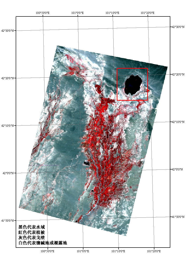 图1 ：阿拉善盟额济纳绿洲主体区LANDSAT/TM 432波段假彩色合成图 （时像：1990年9月15日）