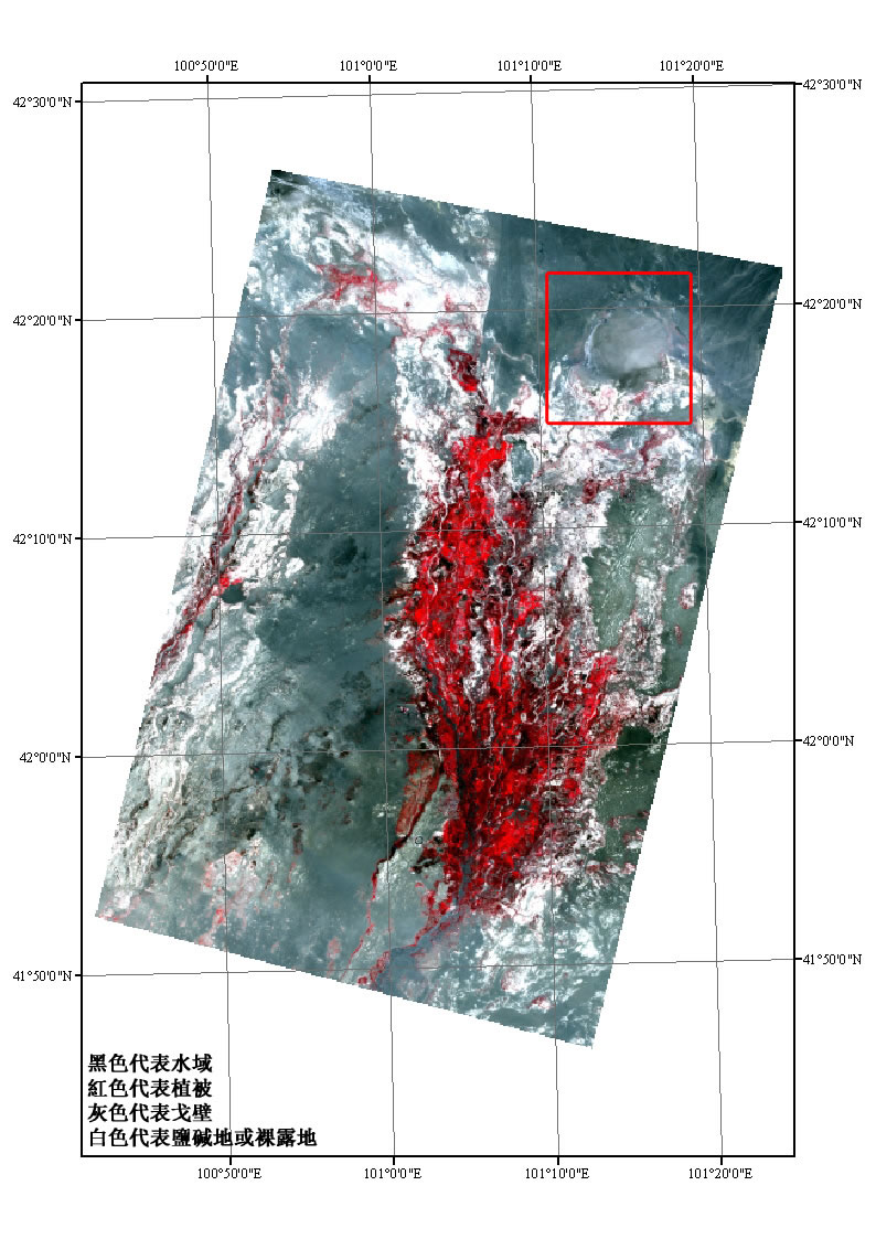 图2 ：阿拉善盟额济纳绿洲主体区LANDSAT/TM 432波段假彩色合成图 （时像：2000年6月14日）