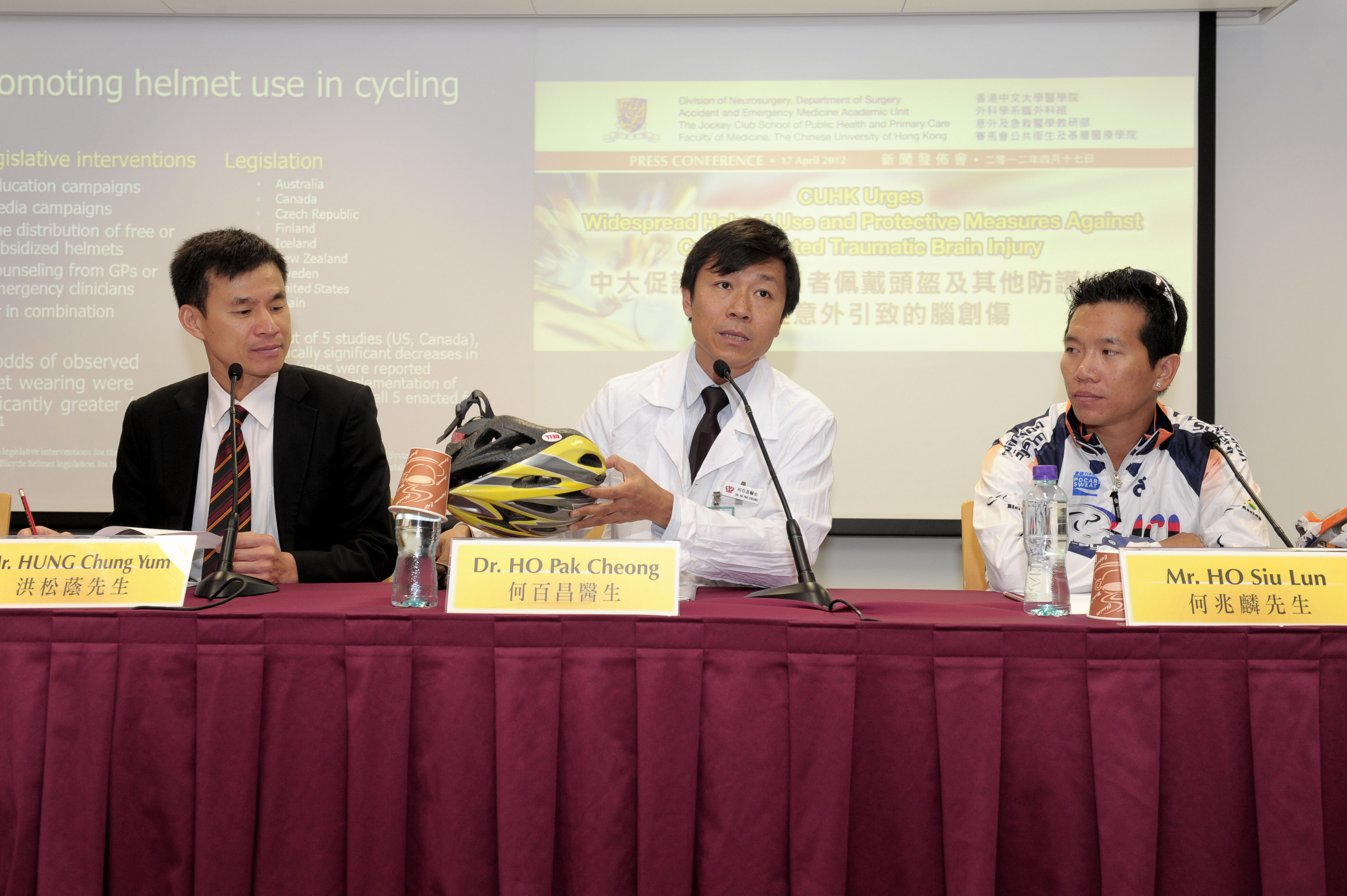 (From left) Mr. Hung Chung Yum, Dr. Ho Pak Cheong and Mr. Ho Siu Lun explain and demonstrate how proper wearing of helmet can help reduce the severity and unfavorable outcomes of the injured from cycling-related traumatic brain injury.