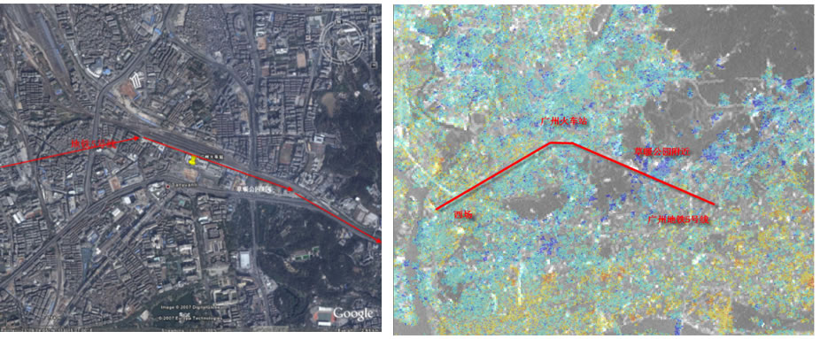 雷達衛星圖像分析的結果顯示，廣州地鐵5號線附近地表形變情況（2007年10月13日，廣州市地鐵5號線至草暖公園盾構區右線隧道在掘進過程中出現大量涌水，監測發現位於盾構機後方約80米處的內環路高架A121、A122、A123號橋墩發生沉降，最大沉降6.8厘米）