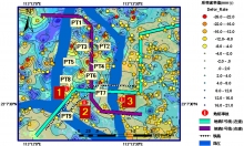 雷達衛星圖像分析的結果顯示，廣州大坦沙島附近地表形變情況（PT1-PT9為地鐵5號線和6號線沿線的PS點；編號1-3為大坦沙島及周邊2007-2008地陷事故）