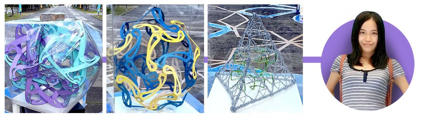 Exhibits by Kiki Ng. From left to right are the rhombic hexecontahedron, the pentagonal hexecontahedron and the sierpinski triangle