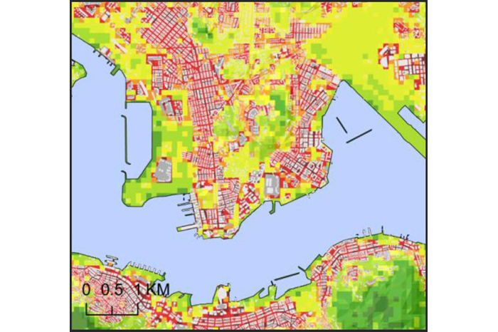 香港都市氣候分析圖顯示香港地區的熱能壓力及風流通潛力，其中旺角、中環、銅鑼灣等為重災區。