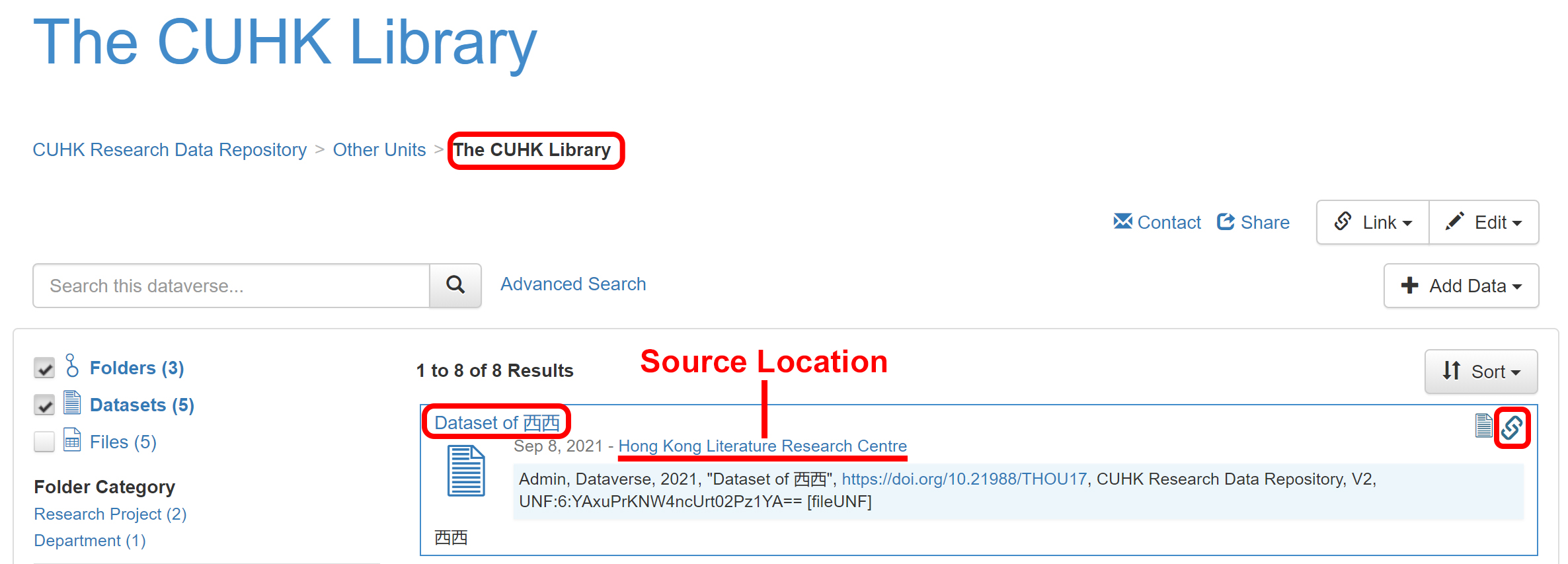 Linked dataset shown