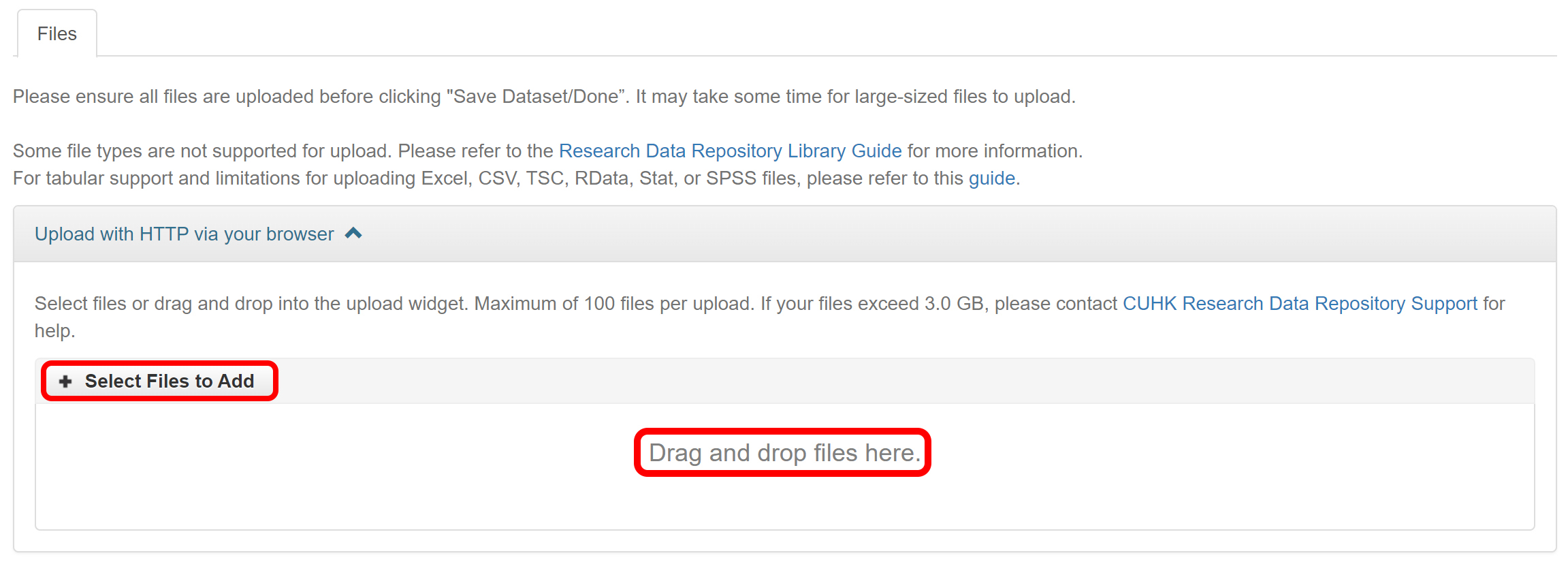 Upload files by drag and drop or "Select Files to Add"