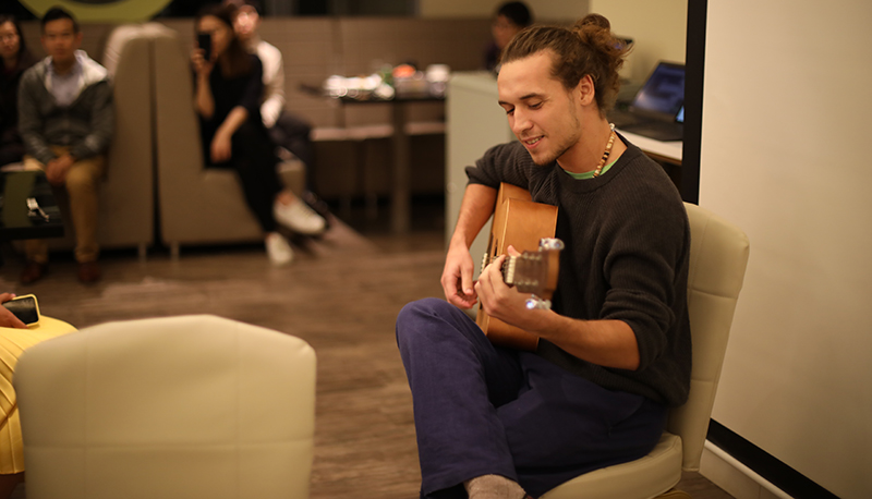 Miguel Cibien of Malmö University, Sweden performs at the end-of-semester gathering.