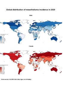 Global distribution of mesothelioma incidence in 2020<br />
Data source: GLOBOCAN (http://gco.iarc.fr/today)