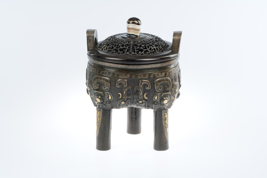 Bronze Brazier with Gold and Silver Damascene and Beast Face Motif<br />
Late Ming<br />
Collection of Mr. Lee King Fun, Andrew