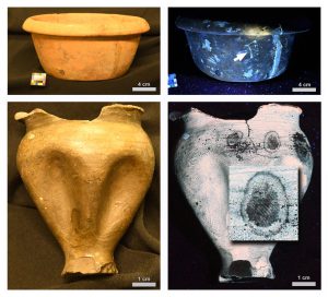 Second-century Roman bowl from Verulamium (top left) reveals a painted symbol closely resembling the Greek letter gamma under laser fluorescence imaging (Γ; top right). This suggests the bowl was labelled by a Greek or a Greek-speaker or might be an import from the Greek-speaking world. These inferences would not be possible without LSF. A Roman vase from Verulamium (bottom left) imaged under laser fluorescence reveals a number of human fingerprints on its surface (bottom right). Inset shows a close up of a fingerprint. The fingerprints appear to have been produced by a worker handling the vase while it was still wet. <br />
Image credit: Michael Pittman & Thomas G. Kaye.