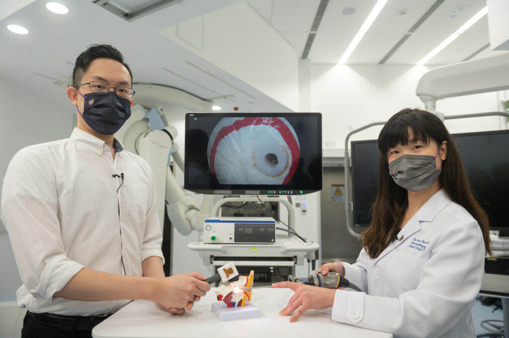 This photo shows the novel system magnetic helical microrobot with endoscope-assisted delivery for biofilm eradication in ear tubes.