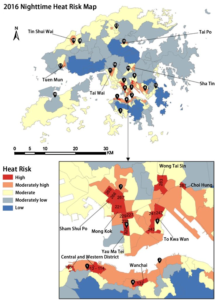 The picture shows the nighttime heat risk map in 2016 and the locations of the 19 night heat shelters. It shows that some hot spots with a high risk at nighttime do not have any shelters, such as Choi Hung and To Kwa Wan; and that night heat shelters are not set up in the neediest Large Territory Planning Units in Sha Tin, Tai Po, Tuen Mun or North District.