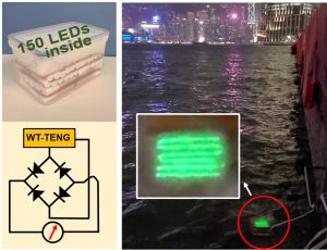 The research team places a box with 34 WT-TENG units in the sea to collect ocean wave energy. The peak power generations is enough to drive 150 LED light bulbs.