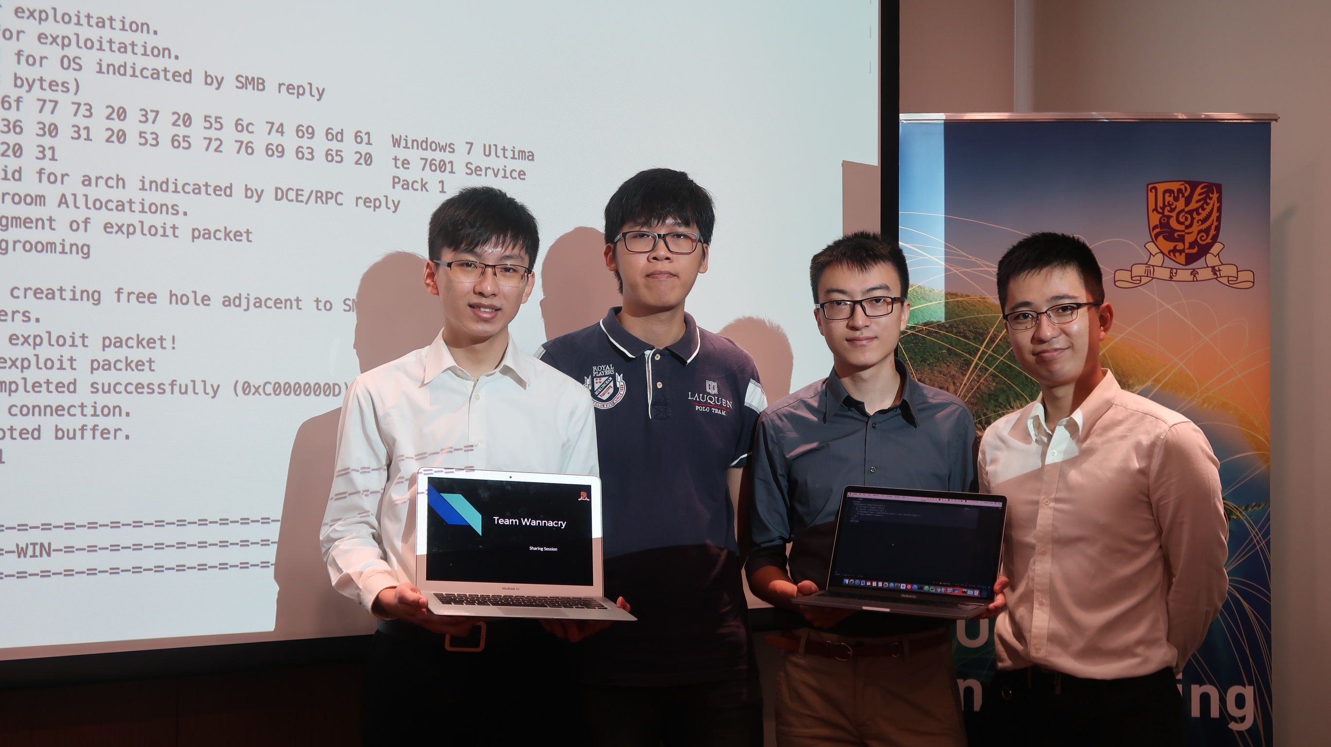 (From left) Members of 'WannaCry', the champion team in the PwC's HackaDay: Leung Shing Yuet, Tong Cham Fei, Wang Xianbo, and Zeng Yihui.