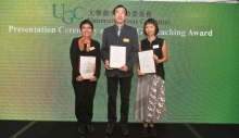 (From left) Prof. Leung Mei-yee, Dr. Wong Wing-hung and Dr. Julie Chiu, leaders of the General Education Team of CUHK receive the 2016 UGC Teaching Award.