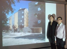 Prof. Ho Puay-peng (right) and Prof. Marisa Yiu introducing an exhibit of the Spanish architecture exhibition