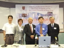 From left:
Professor Ng Sai Leung, Associate Professor, Department of Geography and Resource Management, CUHK
Professor Winnie Mak, Assistant Professor, Department of Psychology, CUHK
Professor Paul Lee, Dean, Faculty of Social Science, Professor, School of Journalism and Communication, CUHK
Professor Andy Kwan, Associate Director, Centre for Quality of Life, Associate Professor, Department of Economics, CUHK
Professor Chan Ying Keung, Adjunct Professor, Department of Sociology, CUHK