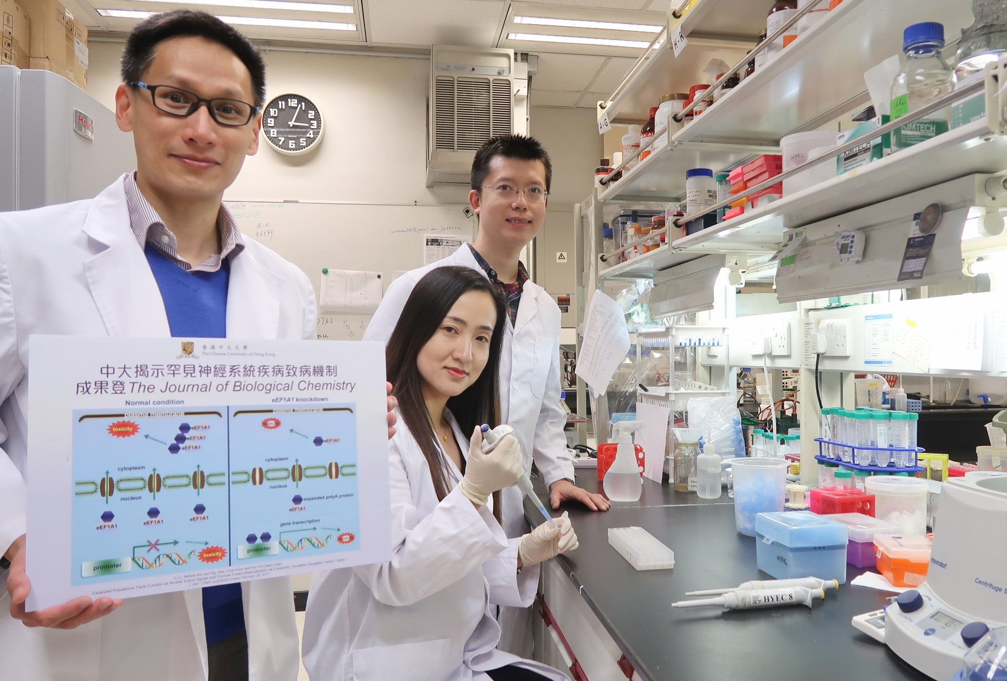 A research team led by Prof. Edwin Chan of School of Life Sciences unveils pathogenic mechanistic details of polyalanine diseases, a group of rare disorders. From Left: Prof. Edwin CHAN, Dr. Li LI, Prof. Alex KOON.