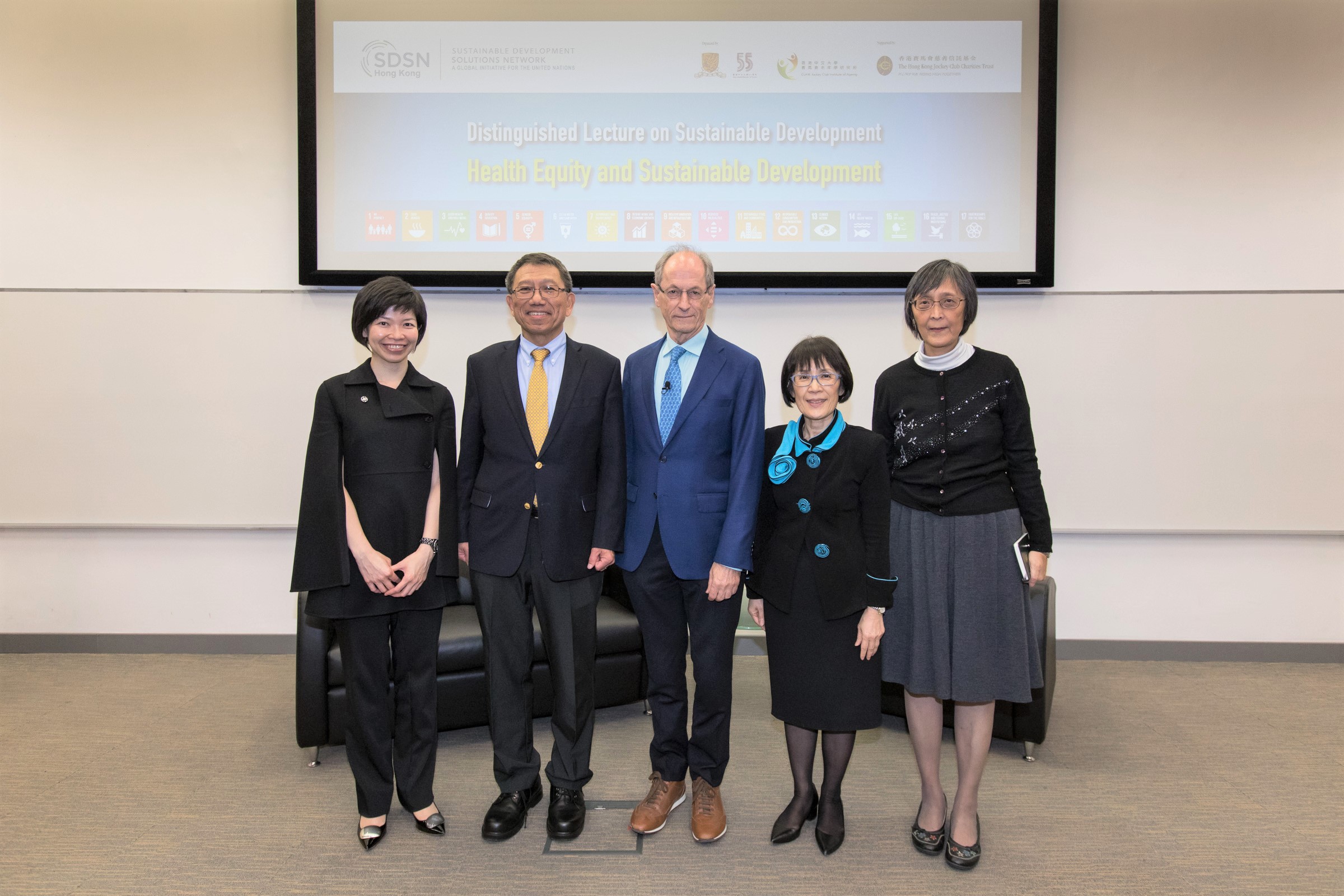 (From left) Ms Donna Tang, Executive Manager, Charities (Grant Making – Sports and Environment) of The Hong Kong Jockey Club; Prof. Rocky S. Tuan; Prof. Sir Michael Marmot; Prof. Fanny Cheung; and Professor Jean Woo, Director of CUHK Jockey Club Institute of Ageing