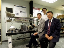 Prof. Hon Ki TSANG, Chairman; Prof. Jian-Bin XU, Professor (front row from left) and Dr. Zhenzhou CHENG, Postdoctoral Research Fellow (back row), Department of Electronic Engineering, CUHK.
Remarks: Another major team member is Dr. Xiaomu WANG.