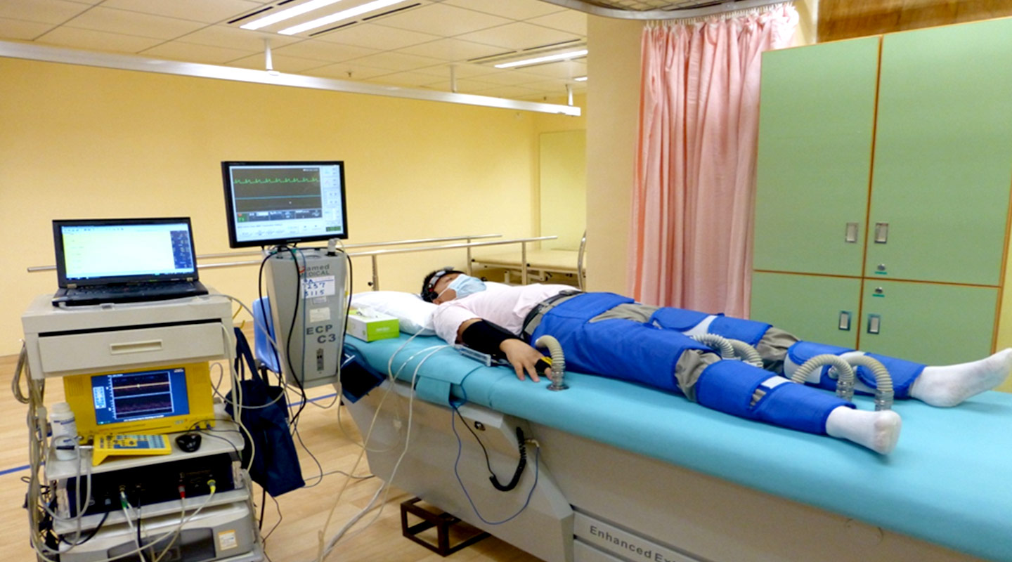 A patient receiving external counterpulsation