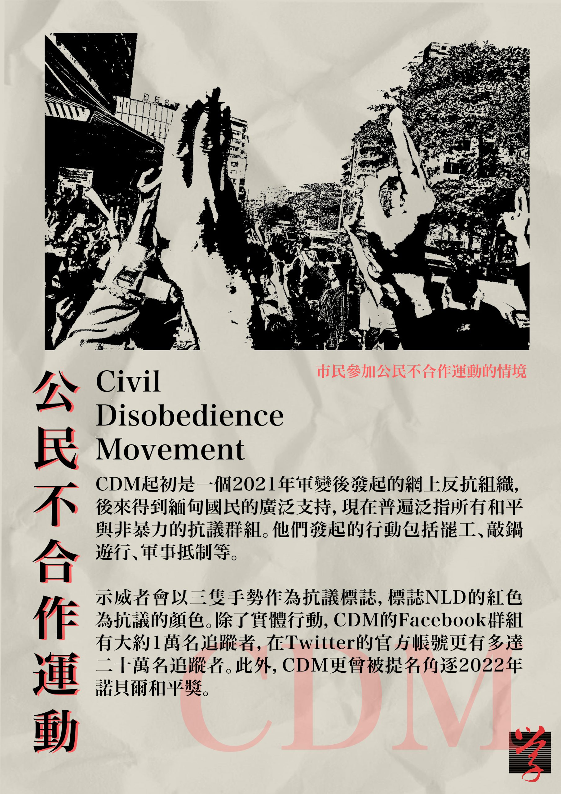 公民不合作運動得到緬甸國民的廣泛支持，泛指所有和平、非暴力的反軍政府抗議群組