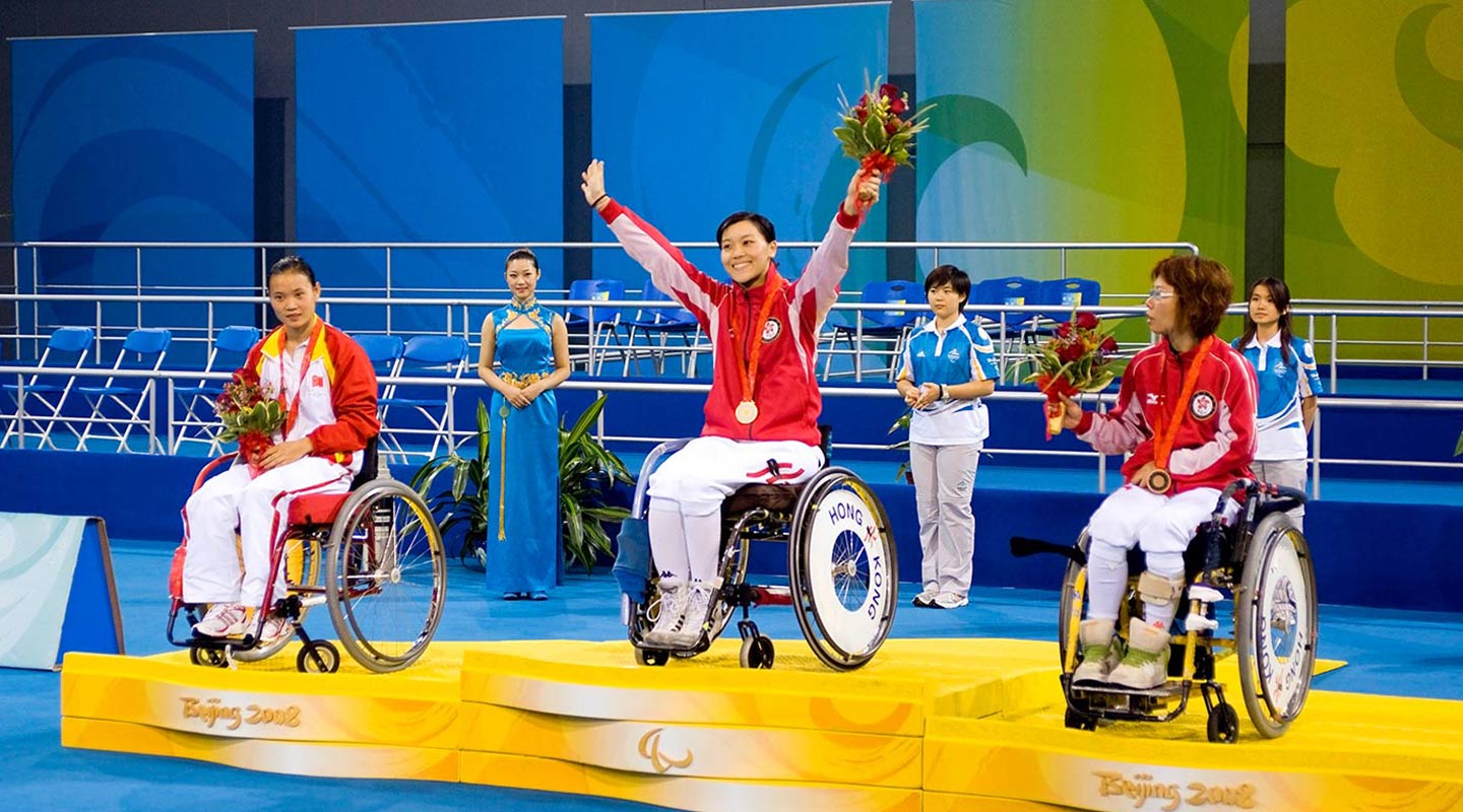 Alison Yu clinching gold in the 2008 Beijing Paralympics. She’s the Hong Kong record holder for most Paralympic gold medals