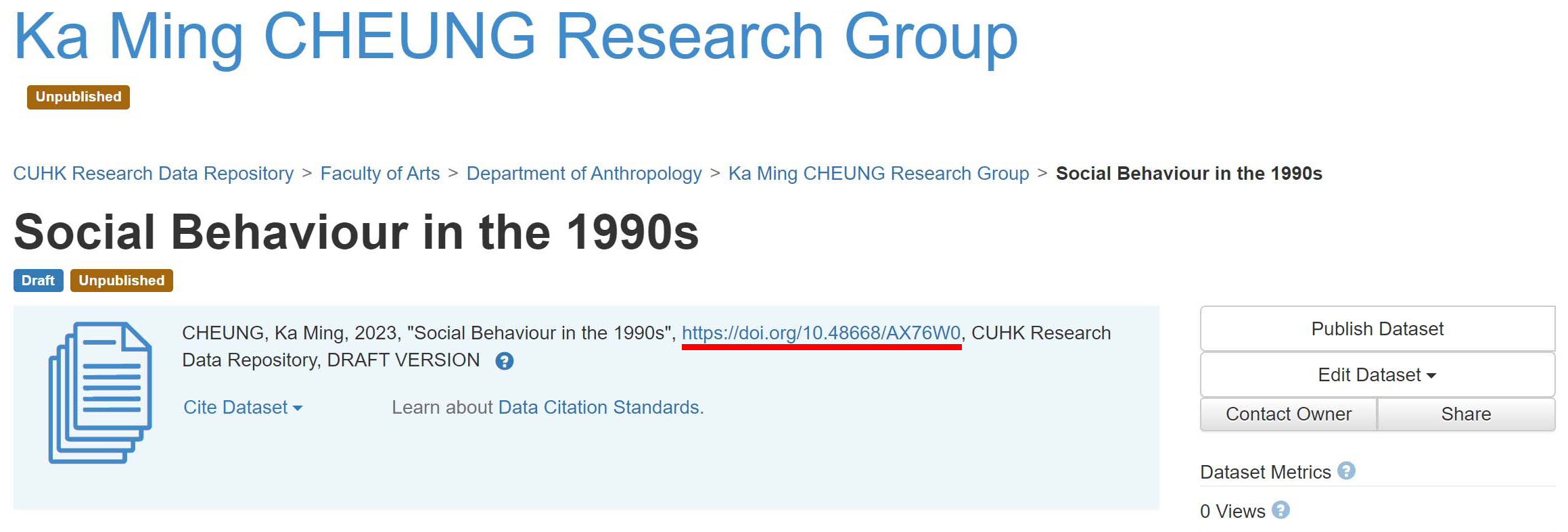 Create a dataset and reserve dataset DOI